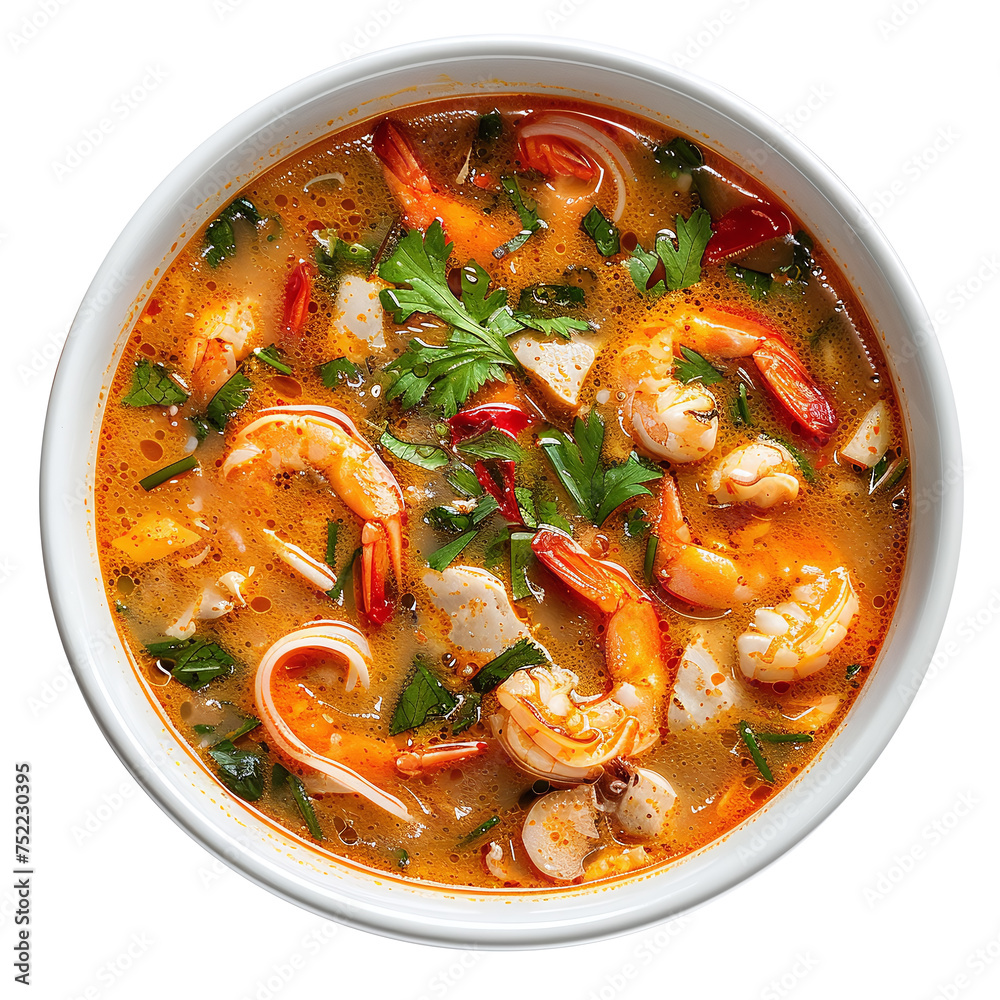close up tom yam kung soup with shrimp in a bowl isolated on white background, top view thai prawn cuisine menu