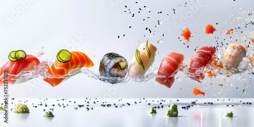 Comida japonesa fresca, variedad de sushi nigiri y maki, promoción restaurante de comida japonesa, semillas de sésamo sobre atún y salmón photo