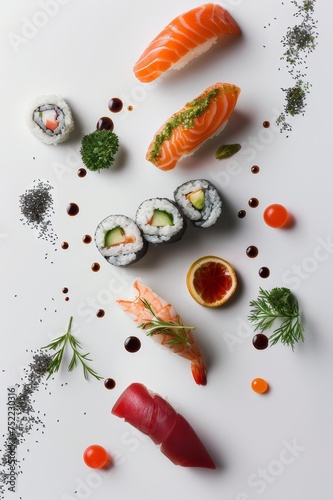 presentación cenital de sushi, comida asiática aislada, sushi fondo blanco, restaurante de lujo comida japonesa 