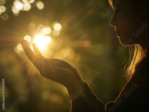 Silhouette of a person's profile with outstretched hand against a sunset, capturing a sunbeam.