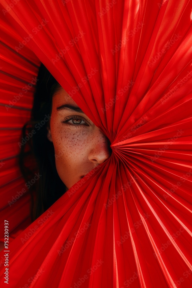 Obraz premium Mujer morena mirando detrás de un abanico rojo, amor de verano, póster fiesta de verano en local de lujo en España, close-up mujer española seduciendo 