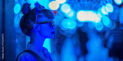 Mujer estilo coquette con luces azules, mujer joven frente a un escaparate con gafas de sol, fotografía callejera chica con lazo photo