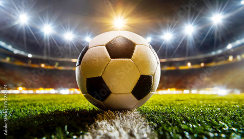 Closeup and bottom view of a leather soccer ball in a soccer field stadium illuminated for a night match. Generative Ai. photo