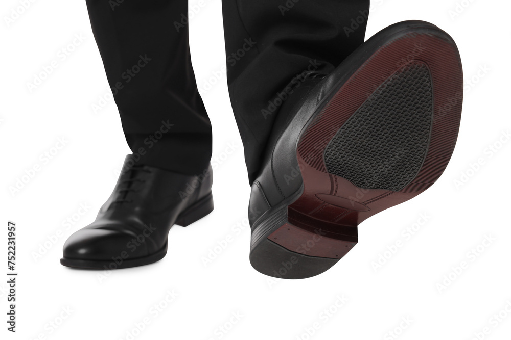 Businessman in leather shoes on white background, closeup Businessman in leather shoes on white background, closeup