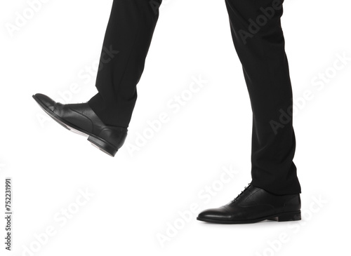 Businessman in leather shoes on white background, closeup