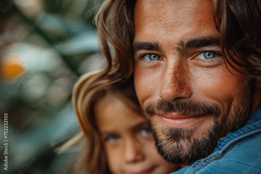 A close-up image capturing an intimate moment between a father and his child, highlighting their bond A close-up image capturing an intimate moment between a father and his child, highlighting their bond