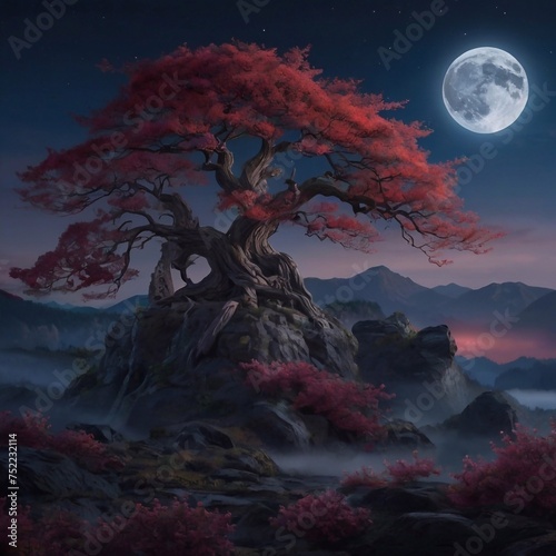 mystical landscape under the red moonlight. AI generated illustration