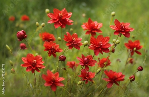A cluster of vibrant red flowers blooms amidst the green grass  adding a splash of color to the natural landscape. The flowers stand tall and proud  swaying gently in the breeze.