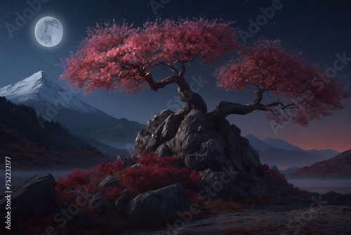 mystical landscape under the red moonlight. AI generated illustration