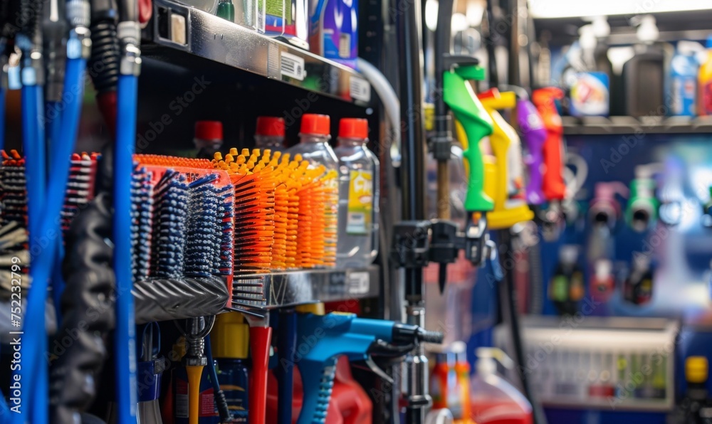 Array of cleaning products and tools available for use at a self-service car wash, including foam brushes Array of cleaning products and tools available for use at a self-service car wash, including foam brushes