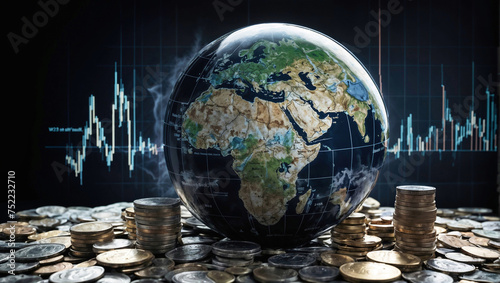 A transparent globe over a pile of various coins with stock market graphs in the background