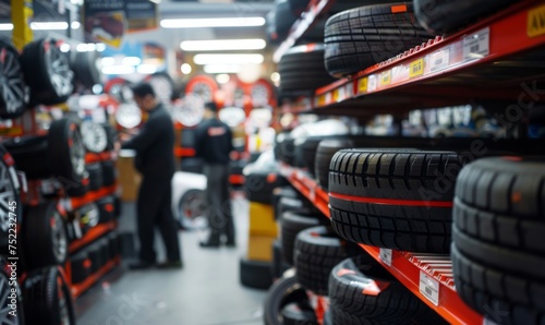 Rows of neatly stacked tires of various sizes and brands on display