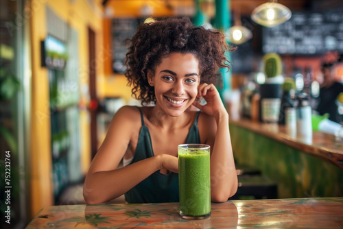 a woman is smiling at a table holding her green smoothie, in the style of a relatable personality, earthy textures, and jeans.