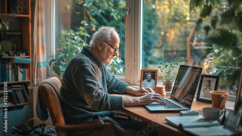 Elderly male use laptop computer at home photo