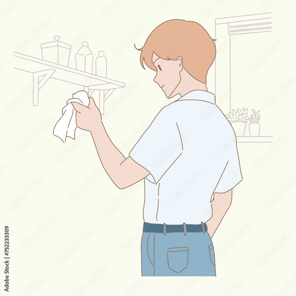 Obraz premium Man holding rag, cleaning up dust from shelf. Hand drawn flat cartoon character vector illustration.