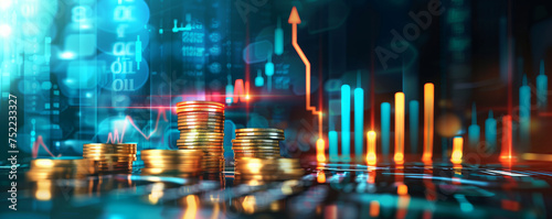 Stacked Coins with Financial Growth Charts Background
