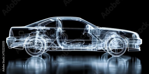 Transparent image showing car structure and frame through Xray technology. Concept Car X-ray Technology, Transparent Image, Vehicle Structure, Interior Details, Mechanics and Components,