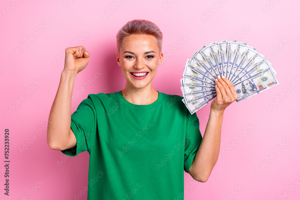 Photo of cheerful glad positive woman wear green trendy clothes celebrate win million isolated on pink color background - obrazy, fototapety, plakaty 