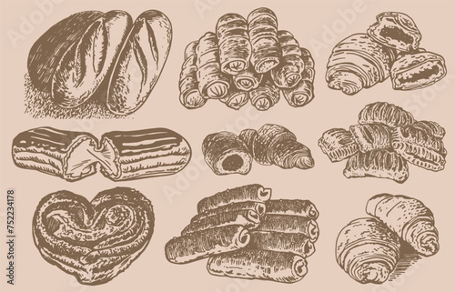 Graphical vintage set of bakery food, buns,rolls, bread, croissants on sepia background, vector illustration