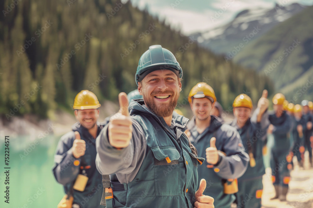 Group of forestry workers raise their hands Thumbs up.