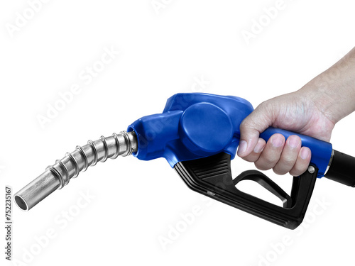 Hands holding Fuel blue nozzle with hose. transparent background