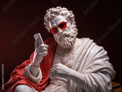 White bust statue wearing red sunglasses, wearing baseball cap, pointing finger on side, colorful background 