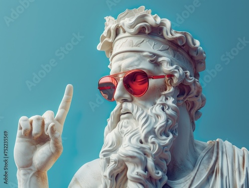 White bust statue wearing red sunglasses, wearing baseball cap, pointing finger on side, colorful background 