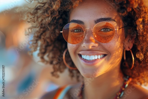 Beautiful smiling woman with sunglasses and curly hair enjoying sunshine at a sunlit beach