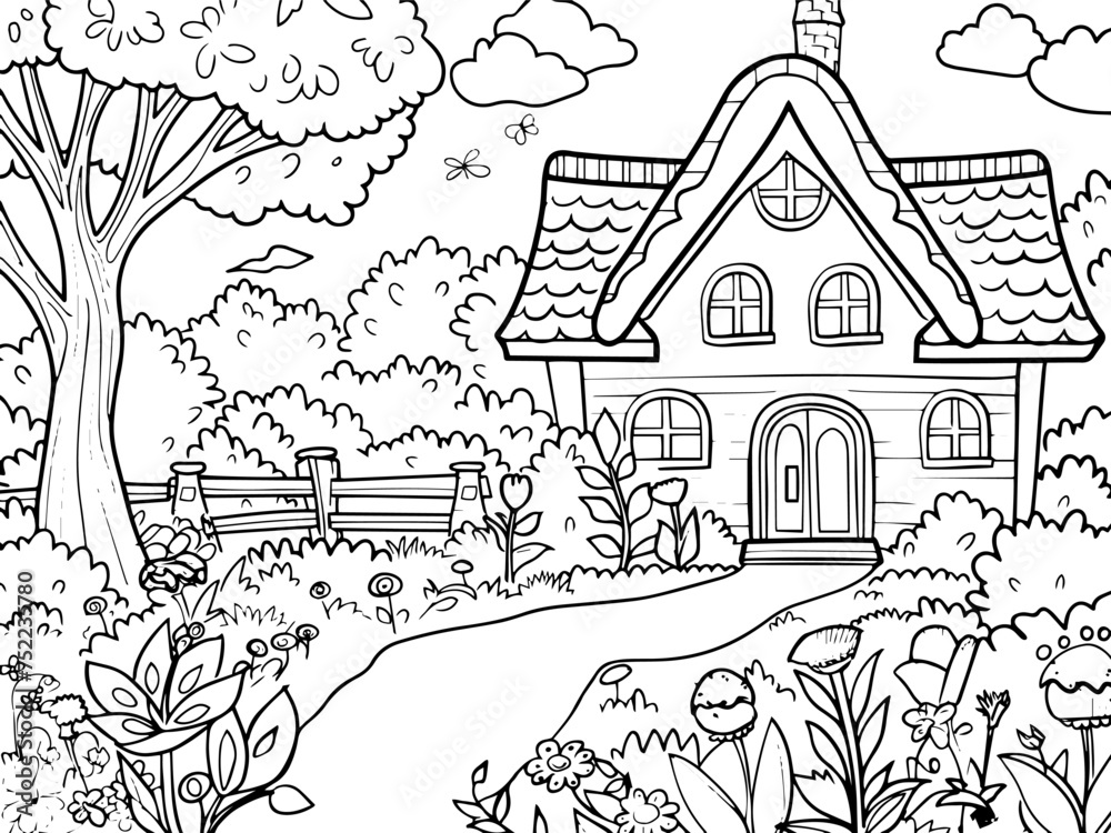 Coloring book, children's, house in the forest, yard, lawn and flowers. Vector, generative ai.
