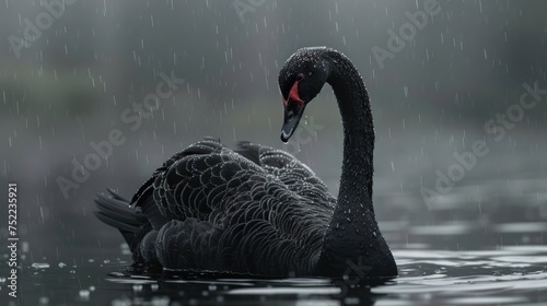 Beautiful black swan with red beak swimming, Swan swimming in water, on dark background. Ai generated