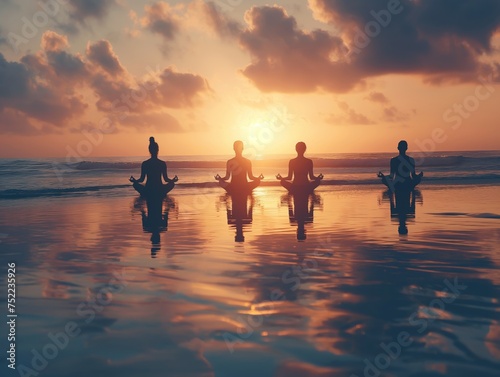 Silhouettes of people practicing yoga on a tranquil beach during a beautiful sunset.