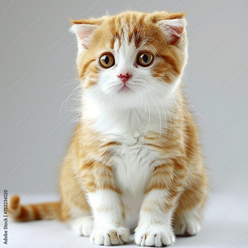 座っている橙色と白のスコティッシュフォールド猫(正面,背景無し,白背景)-生成AI
