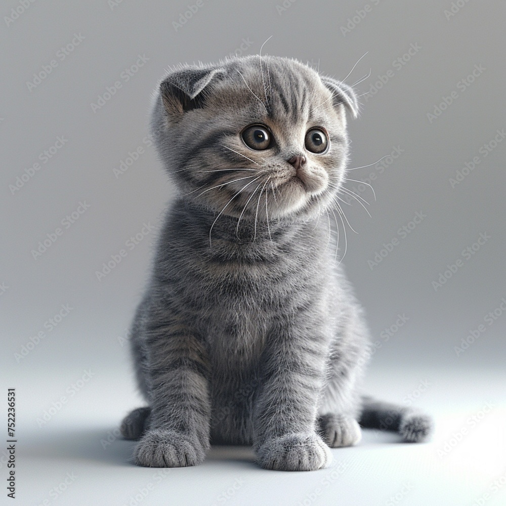 Obraz premium 座っているグレーのスコティッシュフォールド猫(正面,背景無し,白背景)-生成AI