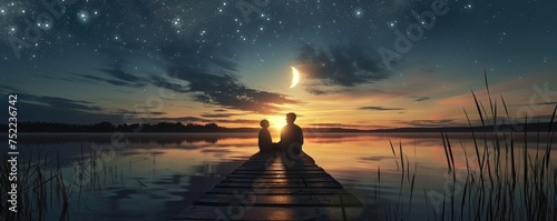 Couple Standing Under night sky and stars shine in backgrounds.