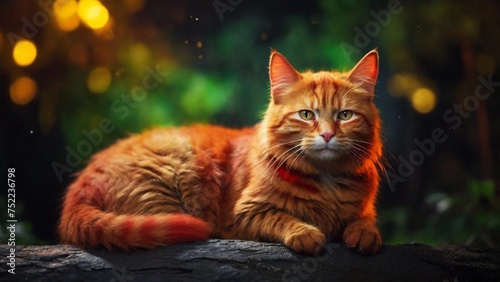 Red Cat looks at the night sky. Animal resting in the forest, bokeh, red and yellow and green lighting