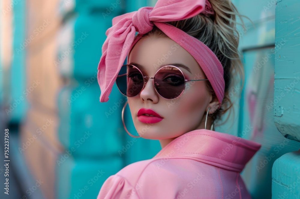 Retrato mujer con lazo rosa y vestido, tendencia coquette street style - obrazy, fototapety, plakaty 