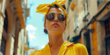Mujer rubia joven con lazo amarillo en la cabeza, cinta de color amarillo estilo coquette, inspiración outfit trendy 