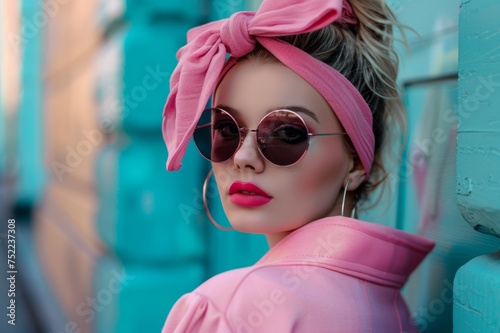 Retrato mujer con lazo rosa y vestido, tendencia coquette street style