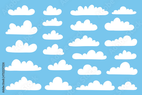 Clouds icons set on a blue background. Cartoon clouds vector set. Weather forecast symbols set