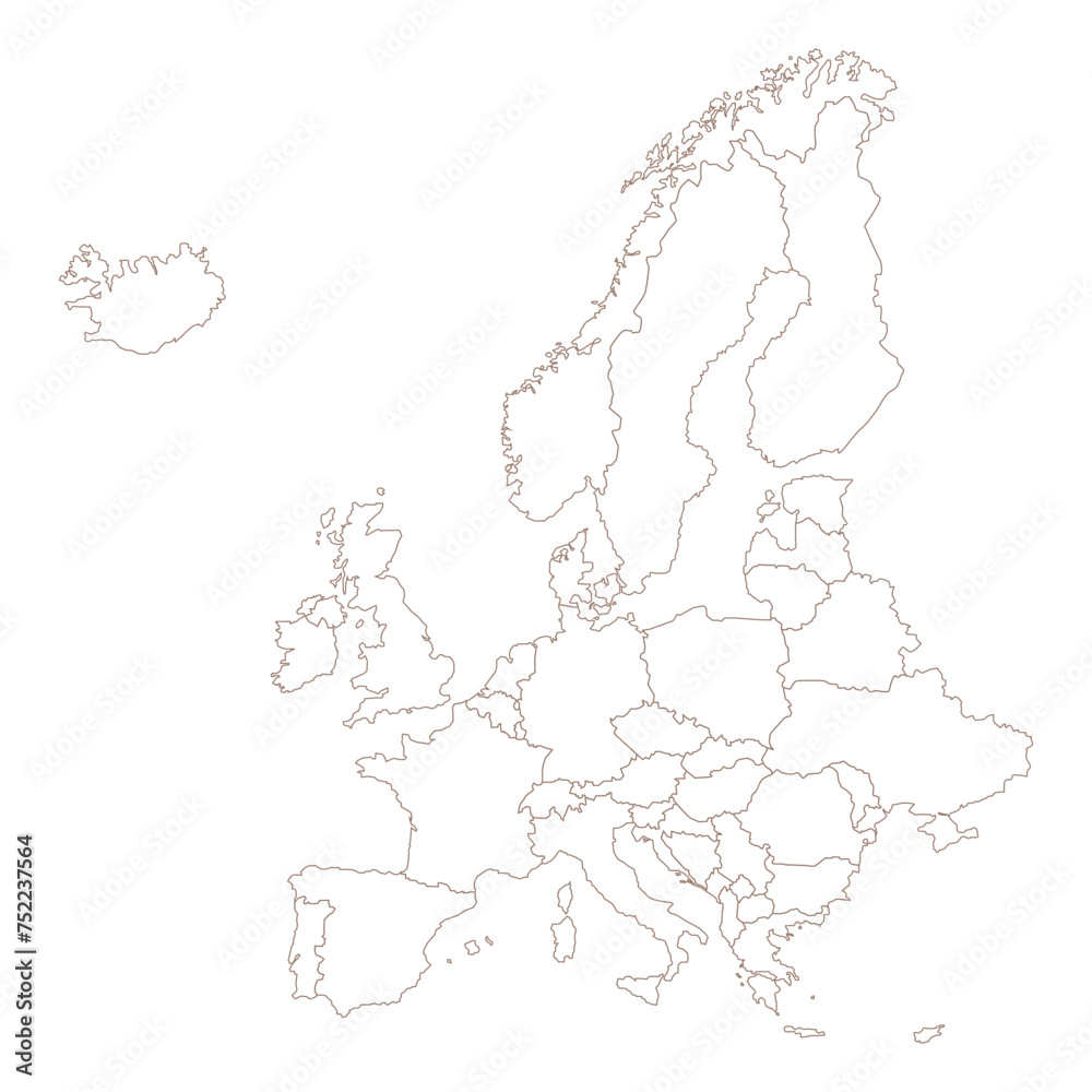 Europe outline map. Hand draw detailed Europe continent map with separated outline for each country.