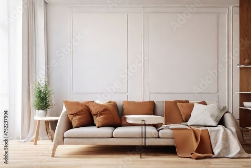 Living Room Interior with Brown Leather Sofa and White Leaf Wall Art