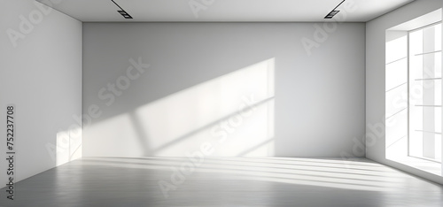 Empty room with white light shadow and floor. Natural shadow overlay on white background.
