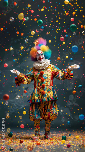A funny classic clown welcomes his audience into the circus arena, colourful costume