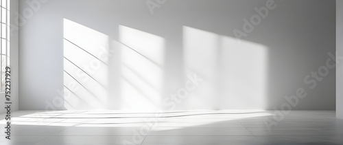 Empty room with white light shadow and floor. Natural shadow overlay on white background.
