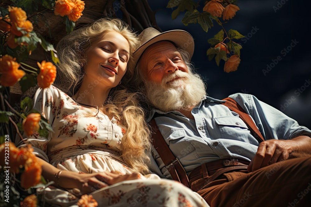 Smiling senior couple resting in summer with flowers