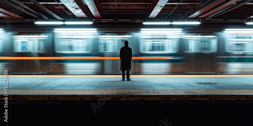 fotografía callejera hombre esperando en el andén mientras pasa el tren a toda velocidad  photo