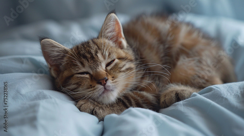 A cute kitten hugs a pillow and is about to go to bed