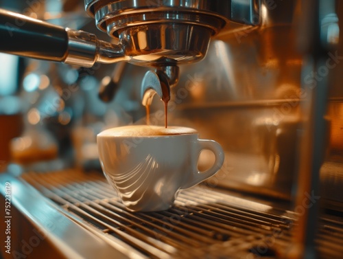 A fresh espresso shot being poured into a white ceramic cup, capturing the essence of coffee culture.