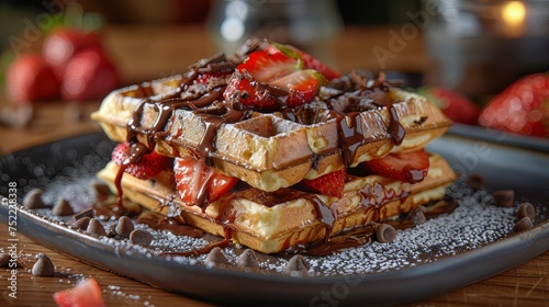 Stack of Waffles Covered in Chocolate and Strawberries