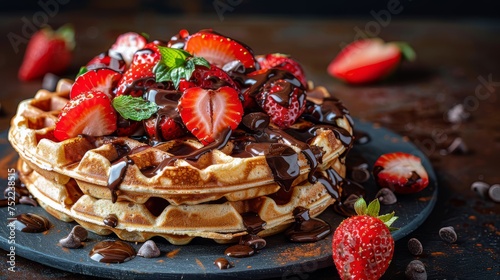Stack of Waffles Covered in Chocolate and Strawberries